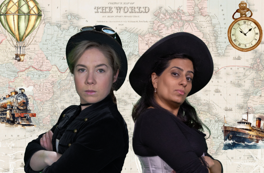 Nellie Bly and Elizabeth Bisland back to back, with a vintage map behind